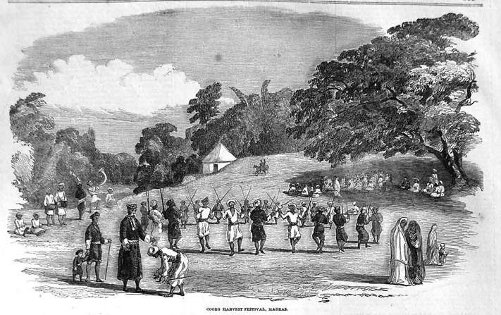 The Coorgs dance at the Mund during Puthari. From the Illustrated London News , 1852